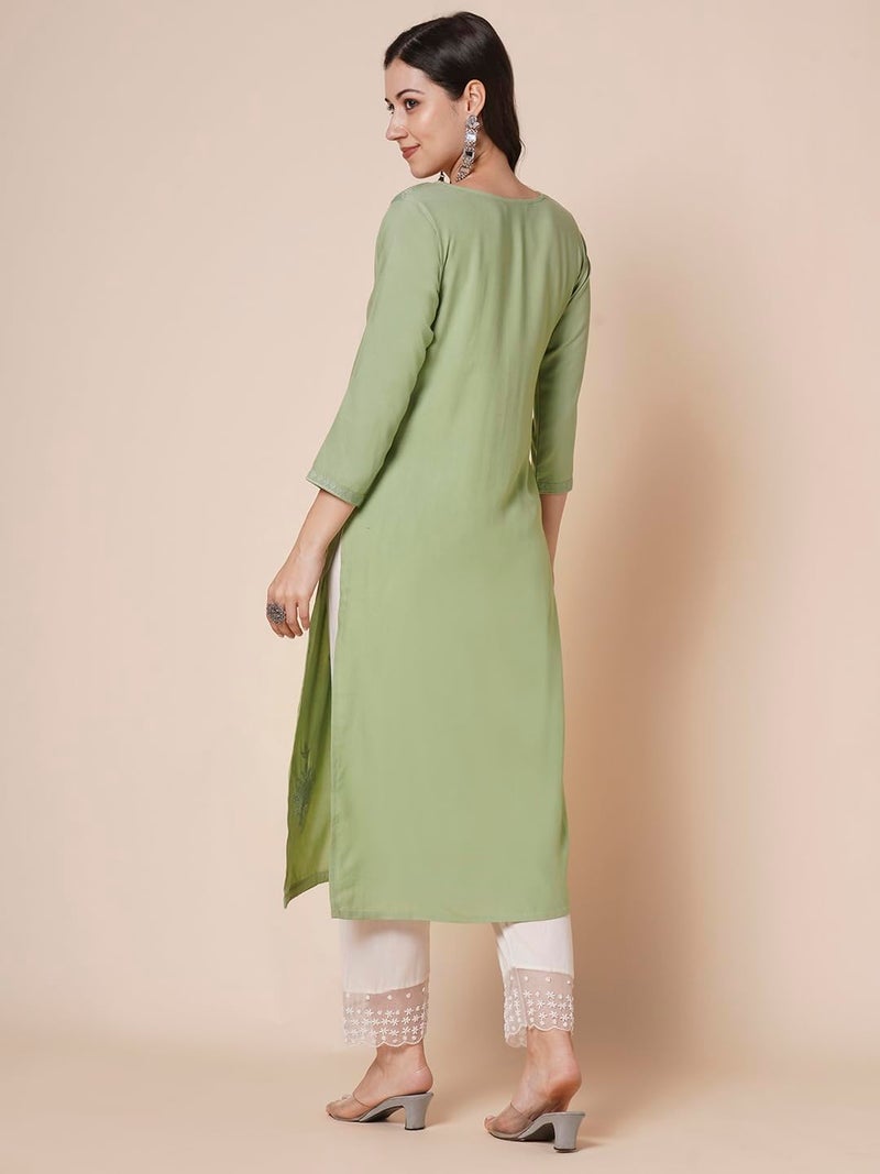 RATAN Women Rayon Straight Fit Lucknowi Chikankari Ethnic Wear Kurta (MEHR-1791-S_Dusty Green) - Image 4