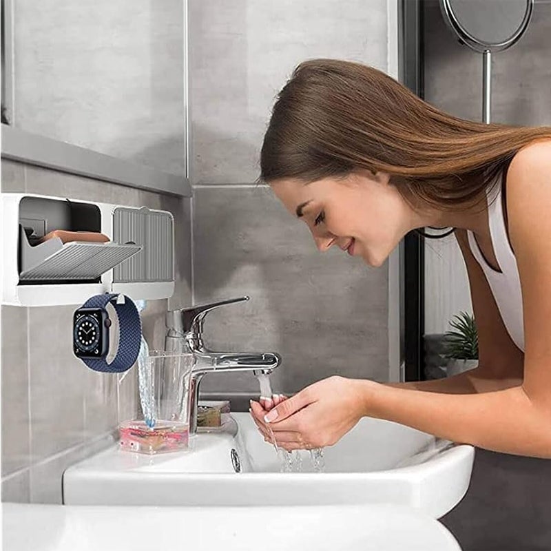 Brain Freezer Wall Mounted Soap Box with Lid Double Grids Soap Draining Rack Bathroom Soap Holder Plastic-(Grey) - Image 5