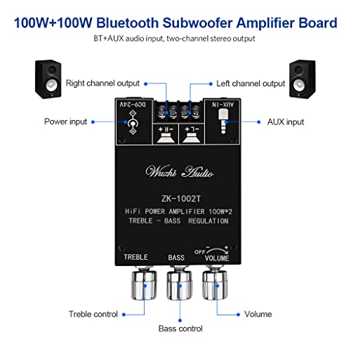 ARRAROWN ZK-1002T Bluetooth Amplifier Board 2.0CH 100W*2 Mini Audio AMP with Treble and Bass Control, BT and AUX Inputs, DC 9-24V Stereo AMP Module for Home Speakers, Update Version APP Control - Image 4