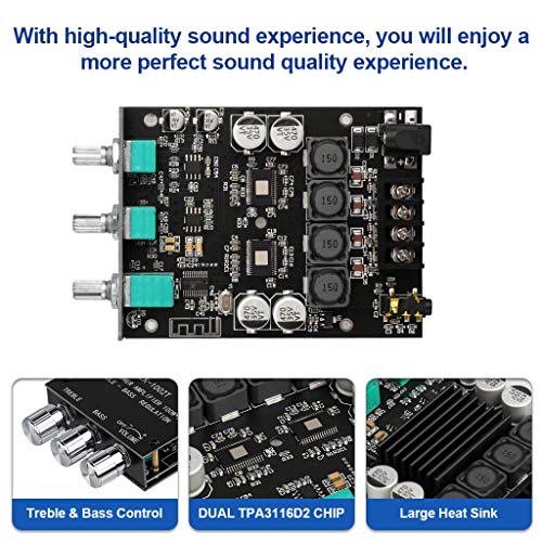 ARRAROWN ZK-1002T Bluetooth Amplifier Board 2.0CH 100W*2 Mini Audio AMP with Treble and Bass Control, BT and AUX Inputs, DC 9-24V Stereo AMP Module for Home Speakers, Update Version APP Control - Image 3