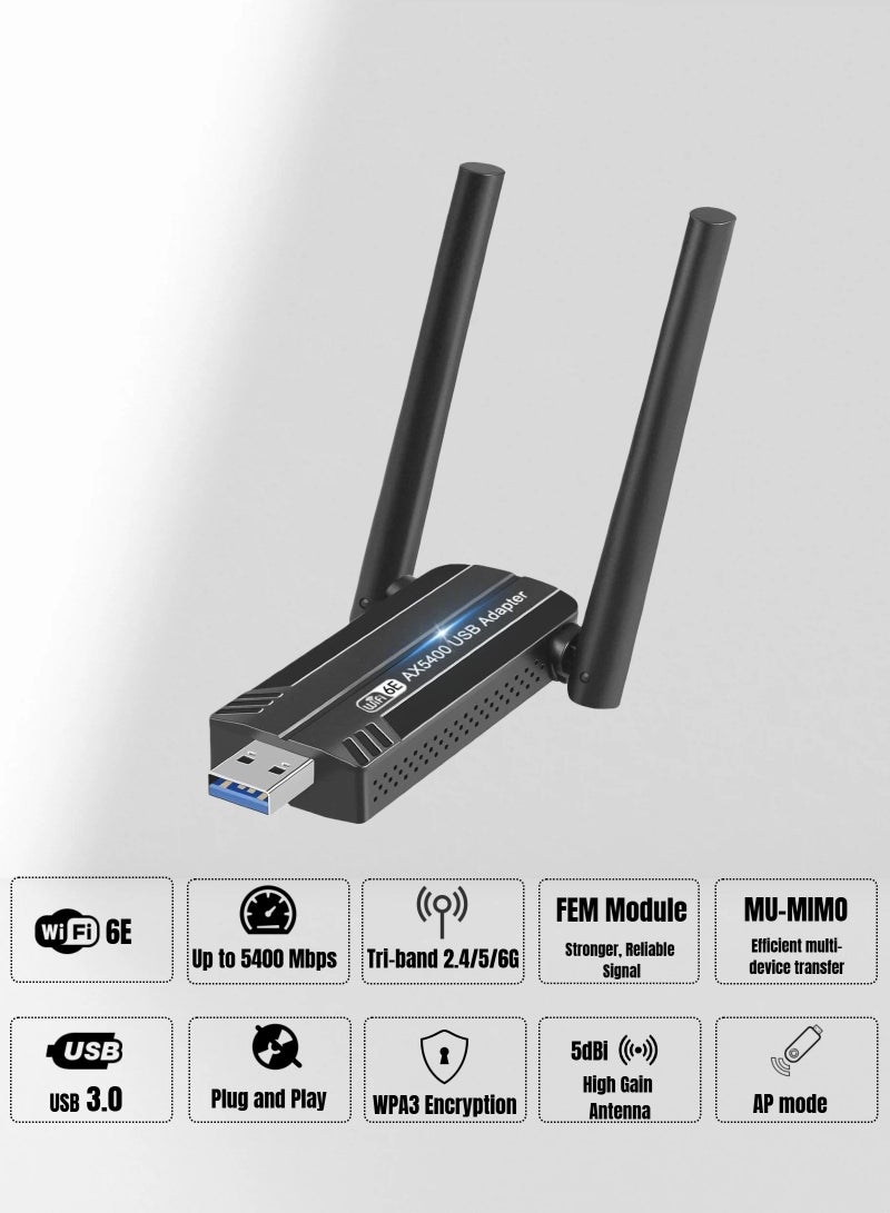  أورا سيليكت مهايئ USB WiFi - 5400 ميغابت في الثانية ثلاثي النطاق 6 جيجا هرتز/5 جيجا هرتز/2.4 جيجا هرتز مستقبل خارجي للشبكة اللاسلكية، OFDMA، MU-MIMO، USB 3.0، توصيل وتشغيل للكمبيوتر الشخصي/ الكمبيوتر المحمول/ سطح المكتب - Image 2