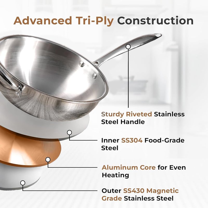 Home Essentials 24cm Tri-Ply Stainless Steel Wok Pan – Induction & Gas Friendly, Naturally Non-Stick | Ideal for Deep Frying, Stir Fry, Sautéing, Dry Veg & Chinese Noodles Cooking - Image 3