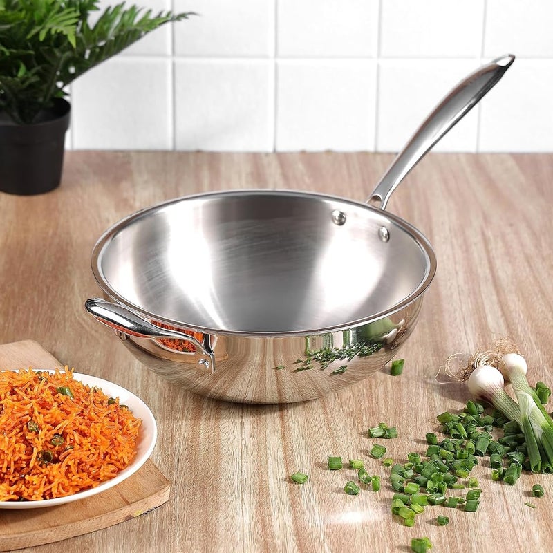Home Essentials 24cm Tri-Ply Stainless Steel Wok Pan – Induction & Gas Friendly, Naturally Non-Stick | Ideal for Deep Frying, Stir Fry, Sautéing, Dry Veg & Chinese Noodles Cooking - Image 1