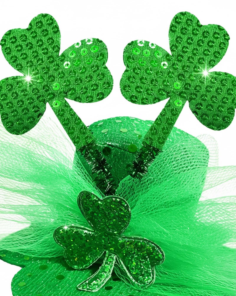 Bnikion St. Patrick's Day Hat Headband Sequin Shamrock Fascinator Green Mini Top Hats with Tulle Party Accessory - Image 2