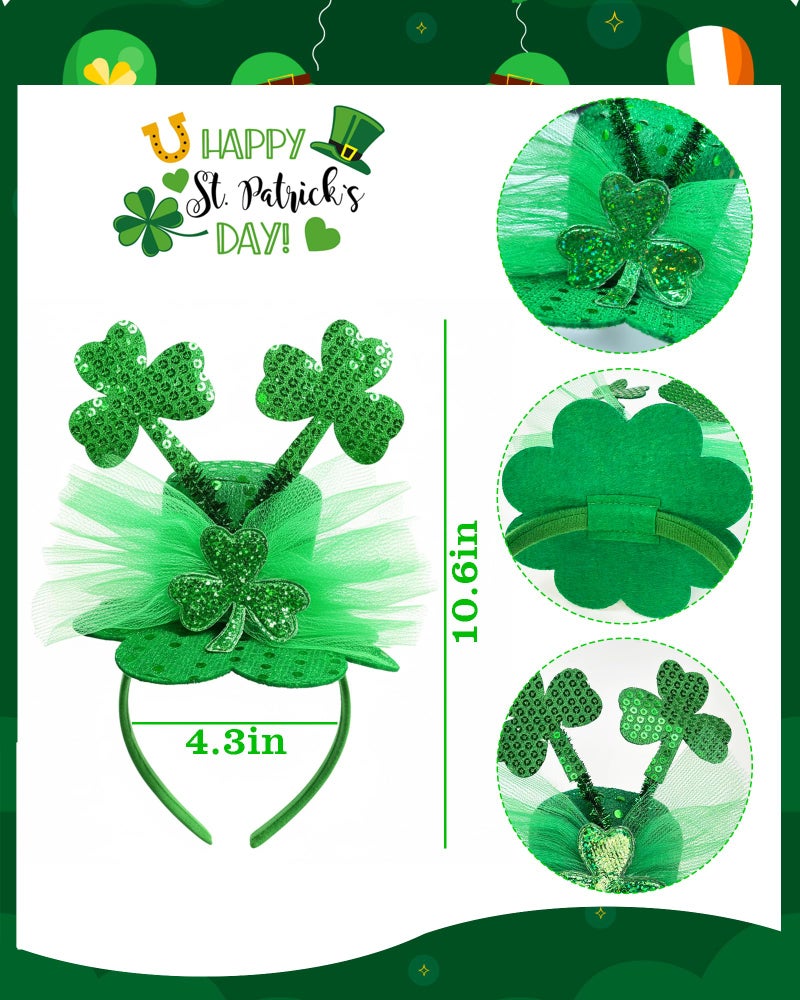 Bnikion St. Patrick's Day Hat Headband Sequin Shamrock Fascinator Green Mini Top Hats with Tulle Party Accessory - Image 5