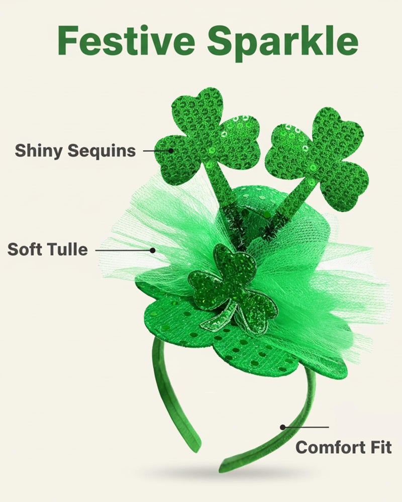 Bnikion St. Patrick's Day Hat Headband Sequin Shamrock Fascinator Green Mini Top Hats with Tulle Party Accessory - Image 4
