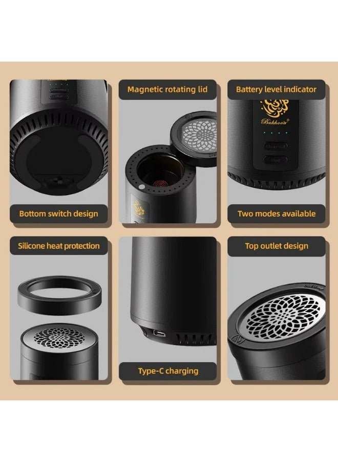 2-in-1 Electric Bakhoor Burner B39 – Portable Oud & Incense Burner with Charcoal Mode, Built-in Fan, Battery Indicator, Flameless Mabkhara for Home, Office, Travel - Image 4