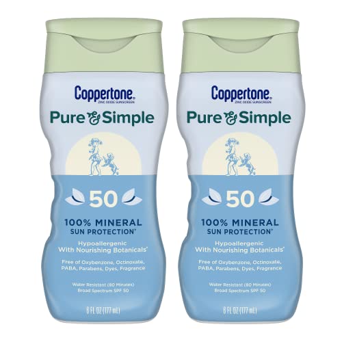 Coppertone لوشن واقي الشمس كوبرتون النقي والبسيط، SPF 50 واقي شمس واسع الطيف مع أكسيد الزنك، 6 أونصات، عبوة من 2
