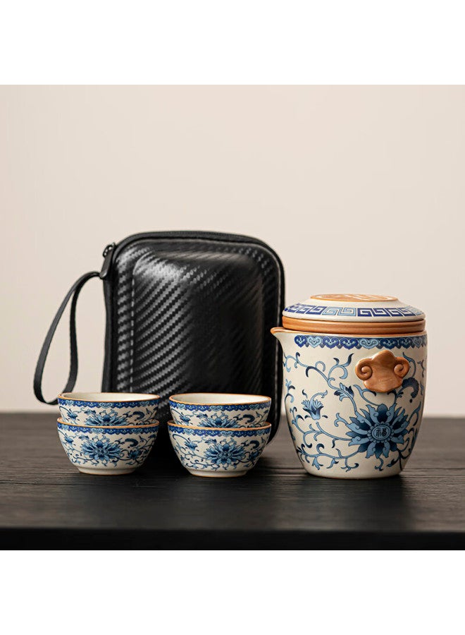 Tangfeng Ru Kiln Travel Tea Set： One Teapot, Four Cups, Portable Outdoor Single-person Quick Tea Cup, Beige Floral Quick Tea Cup - Image 1