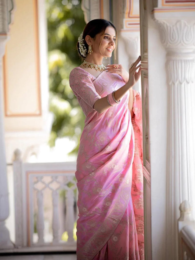 C J Enterprise Women's Pure Kanjivaram Silk Saree Soft Design With Blouse Piece For Wedding (Almari-55) (Baby Pink) - Image 3