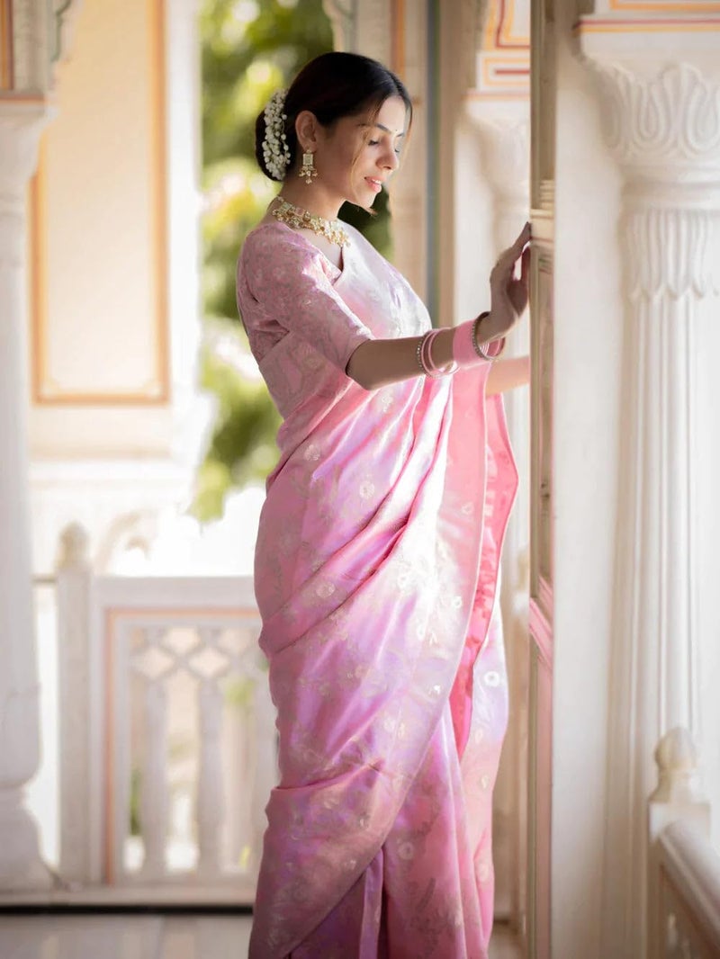 C J Enterprise Women's Pure Kanjivaram Silk Saree Soft Design With Blouse Piece For Wedding (Almari-55) (Baby Pink) - Image 5