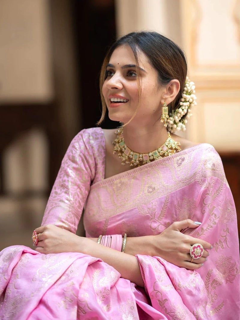 C J Enterprise Women's Pure Kanjivaram Silk Saree Soft Design With Blouse Piece For Wedding (Almari-55) (Baby Pink) - Image 4