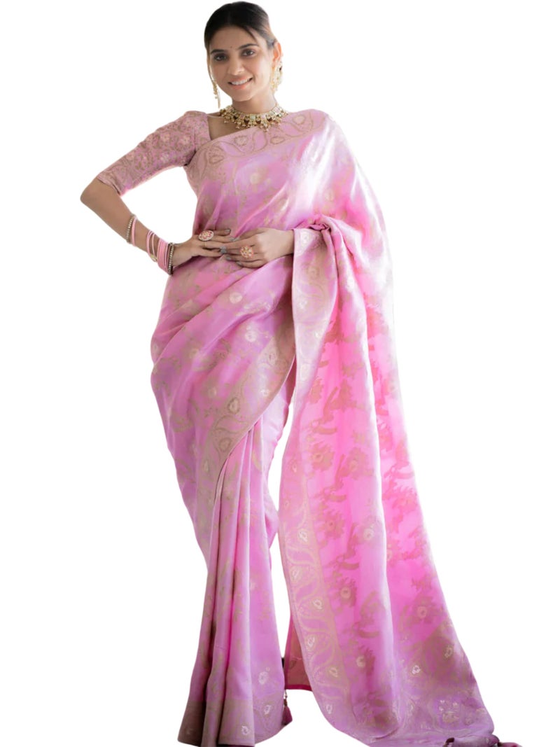 C J Enterprise Women's Pure Kanjivaram Silk Saree Soft Design With Blouse Piece For Wedding (Almari-55) (Baby Pink) - Image 1