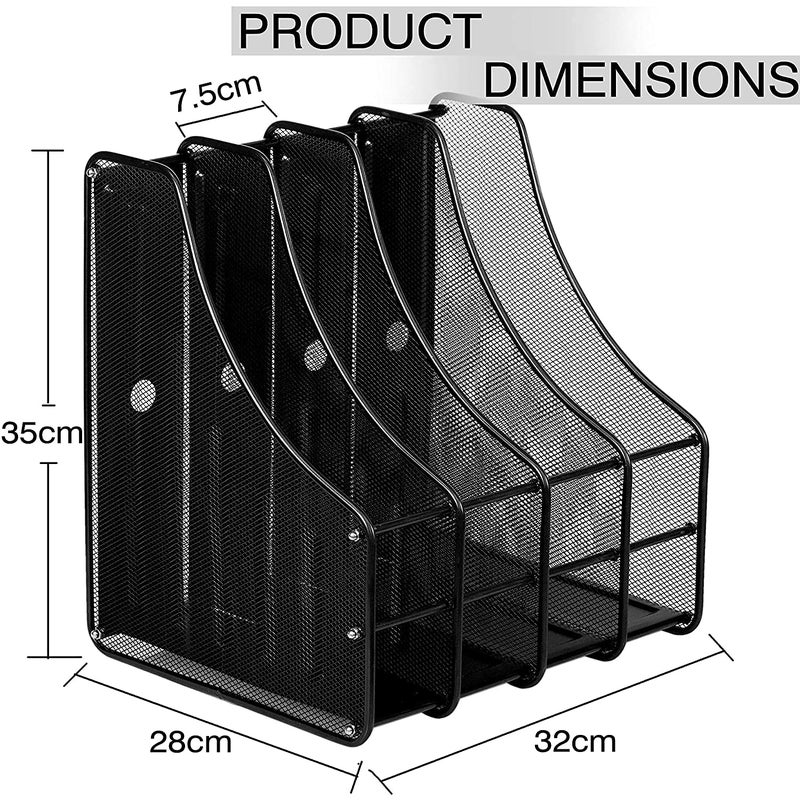 Styxon رف تنظيم الملفات العمودي بأربعة أقسام للكتب والمستندات (أسود، 35 × 28 × 32 سم) - Image 2