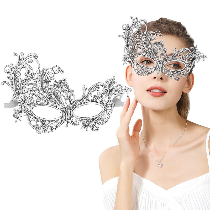 Exlinonline Lace Masquerade Mask for Women Adult,Elastic Soft Gentle Material,Specially Fit For Costume,Thememed Party,Halloweens(Elegant Silver) - Image 2