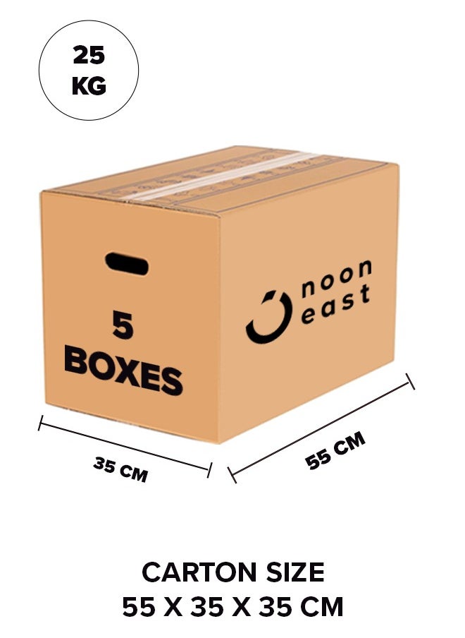 Noon East 5-Pack Storage Boxes With Handles Carton Cardboard Box For Moving And Packing And Shipping 100% Recyclable - 55 x 35 x 35 cm Brown, Capacity-25 Kg  - Image 3