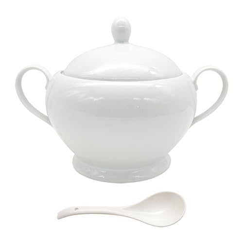 REANRO Porcelain Soup Tureen with Lid and Ladle Set, Double-Ear Covered Tureen Classic Serving Bowl for Soups, White - Image 1