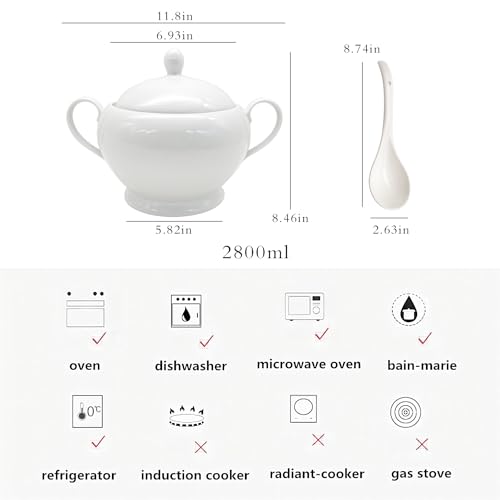 REANRO Porcelain Soup Tureen with Lid and Ladle Set, Double-Ear Covered Tureen Classic Serving Bowl for Soups, White - Image 2
