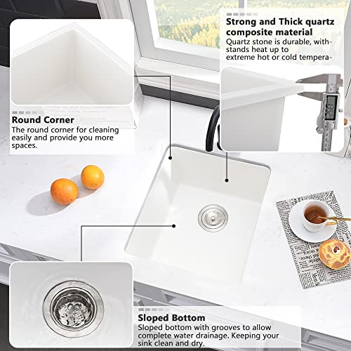 VASOYO 17 Inch Bar Sink Undermount-VASOYO 17x19 Undermount Bar Sink Mini Wet Bar White Quartz Composite Kitchen Rv Sinks Single Bowl Outdoor Island Basin - Image 5