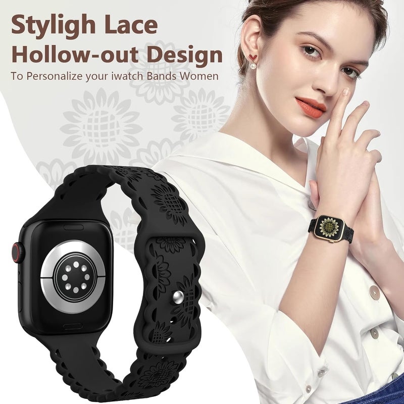 erorex For Apple Watch Series 6 40Mm Lace Sunflower Embossed Silicone Watch Band(Black) - Image 3