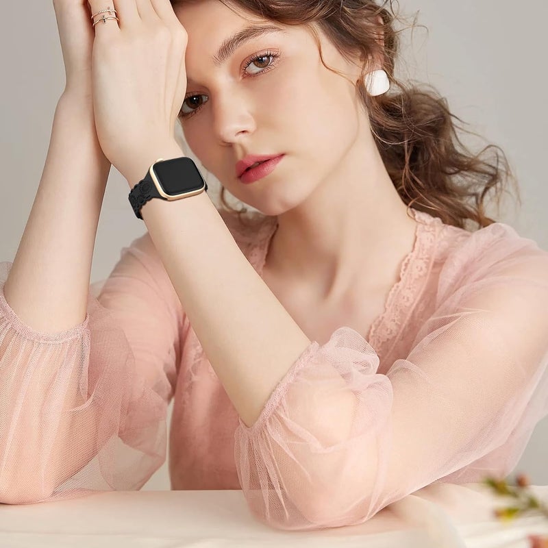 erorex For Apple Watch Series 6 40Mm Lace Sunflower Embossed Silicone Watch Band(Black) - Image 4