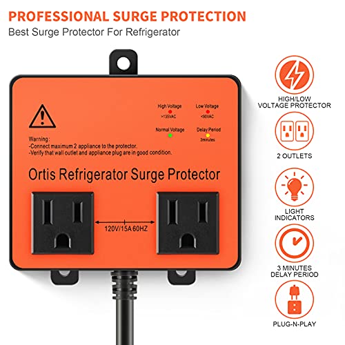 Ortis Refrigerator Surge Protector, Ortis Double Outlet Voltage Protector for Home Appliances with Time Delay, Protects Against Brownout, Spike, Instant Surge All Voltage Abnormalities, black - Image 2