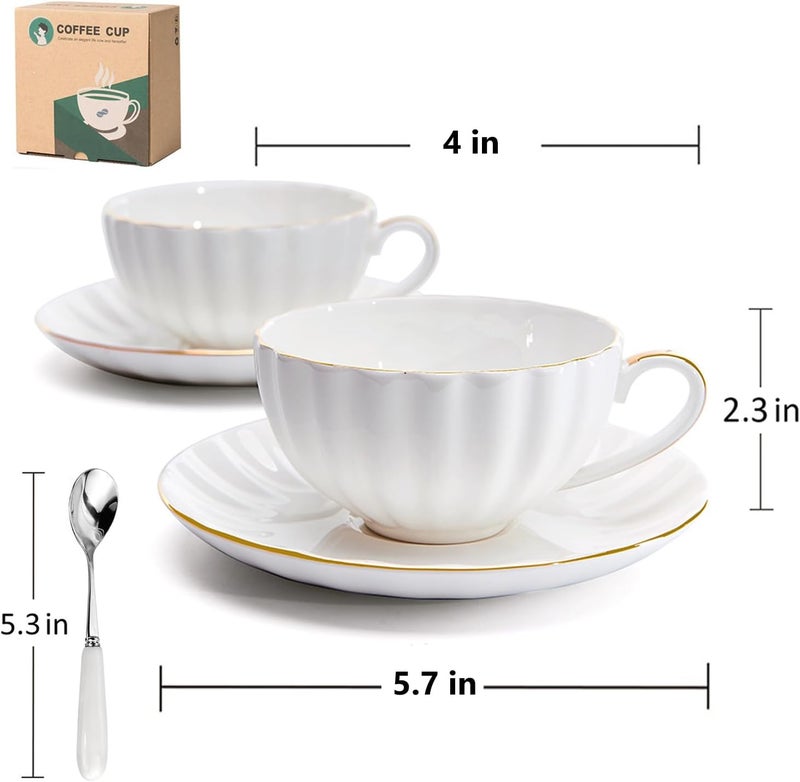 ONEUSTAR Tea Cup and Saucer Set for 1 Bone China English Tea Cup with Spoon 8 oz Teacup Coffee Cappuccino Latte Mug with Gold Trim White - Image 5