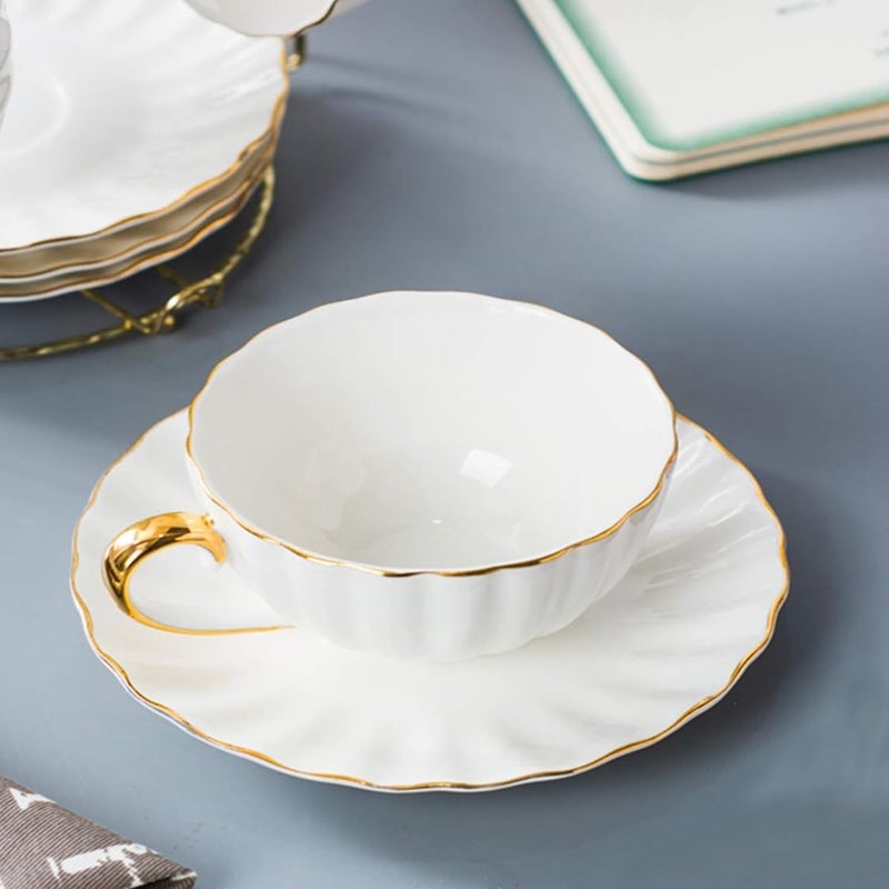 ONEUSTAR Tea Cup and Saucer Set for 1 Bone China English Tea Cup with Spoon 8 oz Teacup Coffee Cappuccino Latte Mug with Gold Trim White - Image 4