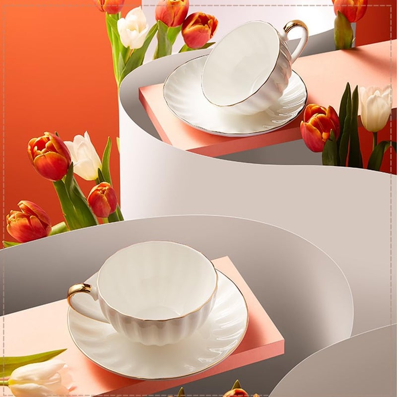 ONEUSTAR Tea Cup and Saucer Set for 1 Bone China English Tea Cup with Spoon 8 oz Teacup Coffee Cappuccino Latte Mug with Gold Trim White - Image 3
