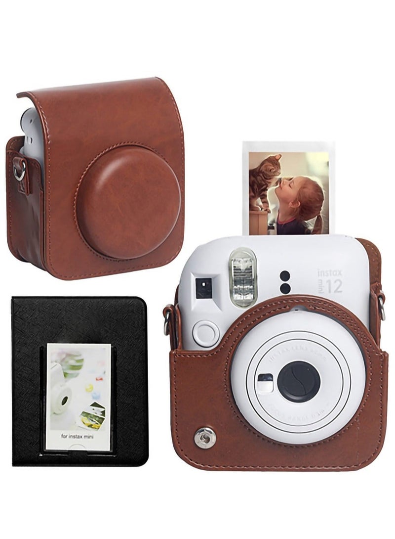Captaintech Case for Fujifilm Instax Mini 12 Camera Protective PU Leather Bag Cover with Adjustable Shoulder Strap and Mini Photo Album 64 Pockets (Vintage Brown)  - Image 1