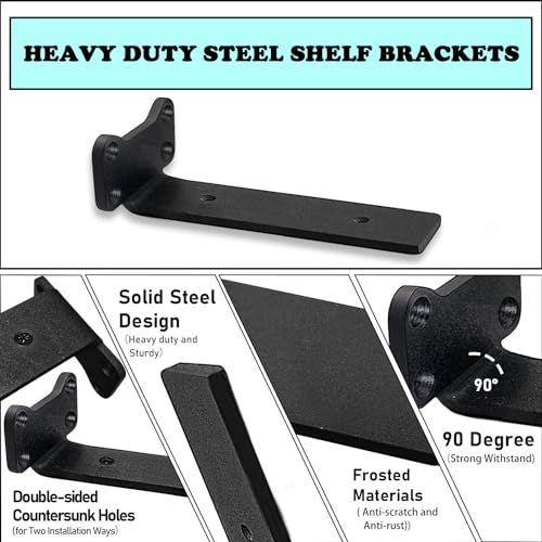 YMDparts Heavy Duty Shelf Brackets Industrial L Shelf Bracket - 0.2 Inch Thick Premium Solid Steel Shelf Supports, Black Rustic Wall Brackets for Shelves - 8 Inch Floating Shelves Hardware (6 Pack) - Image 4