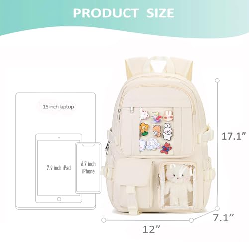 PRLINJSK Kawaii Backpack for Teen Girls, Cute Aesthetic High Middle School College Bookbag with Accessories, Beige - Image 3