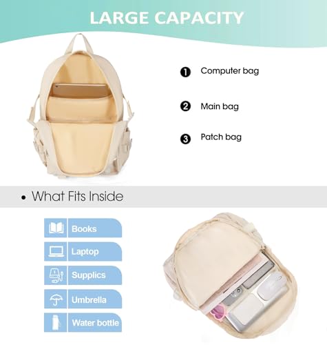 PRLINJSK Kawaii Backpack for Teen Girls, Cute Aesthetic High Middle School College Bookbag with Accessories, Beige - Image 4