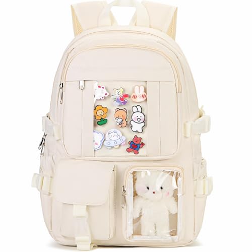 PRLINJSK Kawaii Backpack for Teen Girls, Cute Aesthetic High Middle School College Bookbag with Accessories, Beige - Image 1
