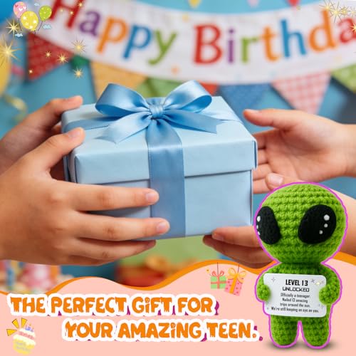MAMAGIFTREE Happy 13th Birthday Milestone Keepsake – Handmade Crochet Alien Plush Doll with Funny Official Teenager Positive Affirmation Message Card – 13 Years Old Gift for Son, Daughter, Friend, or Grandchild - Image 4