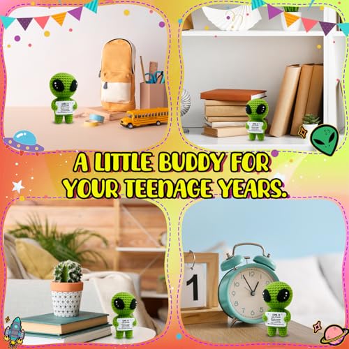 MAMAGIFTREE Happy 13th Birthday Milestone Keepsake – Handmade Crochet Alien Plush Doll with Funny Official Teenager Positive Affirmation Message Card – 13 Years Old Gift for Son, Daughter, Friend, or Grandchild - Image 3