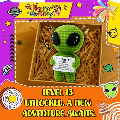 MAMAGIFTREE Happy 13th Birthday Milestone Keepsake – Handmade Crochet Alien Plush Doll with Funny Official Teenager Positive Affirmation Message Card – 13 Years Old Gift for Son, Daughter, Friend, or Grandchild - Image 2