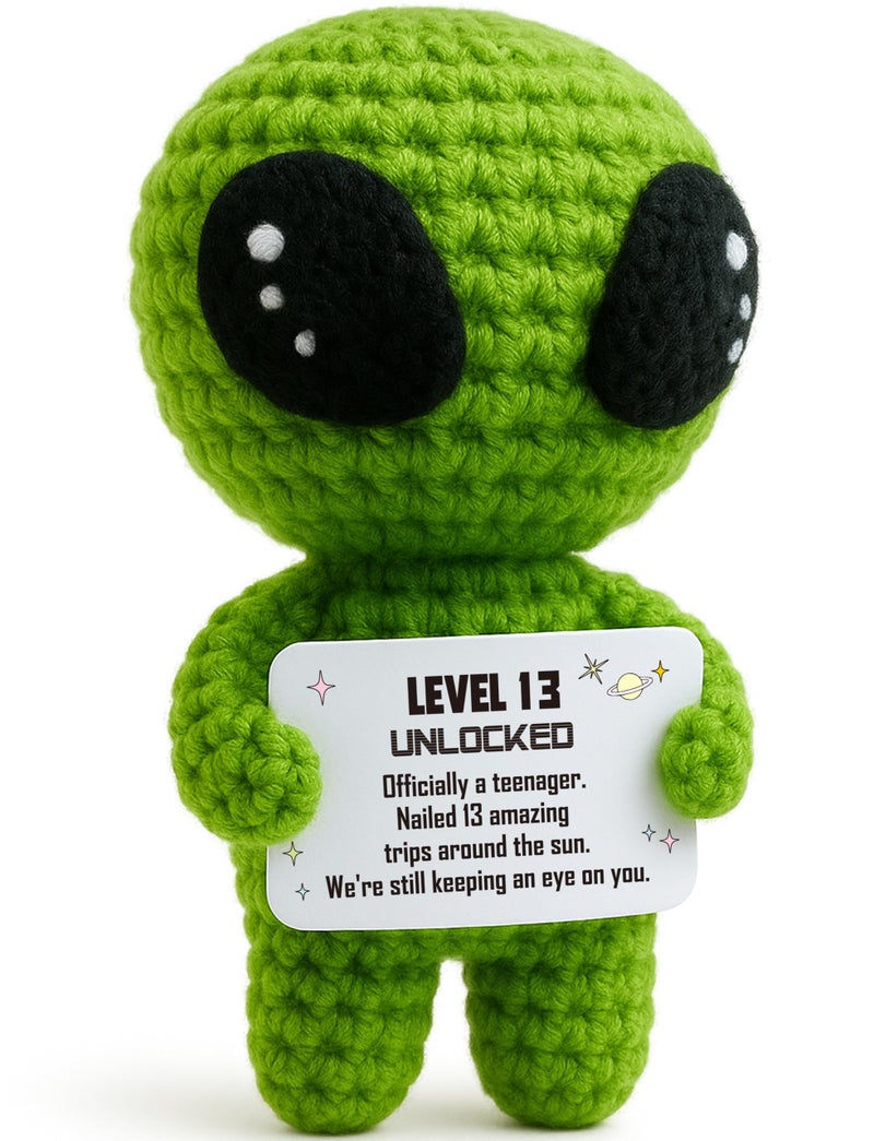MAMAGIFTREE Happy 13th Birthday Milestone Keepsake – Handmade Crochet Alien Plush Doll with Funny Official Teenager Positive Affirmation Message Card – 13 Years Old Gift for Son, Daughter, Friend, or Grandchild - Image 1