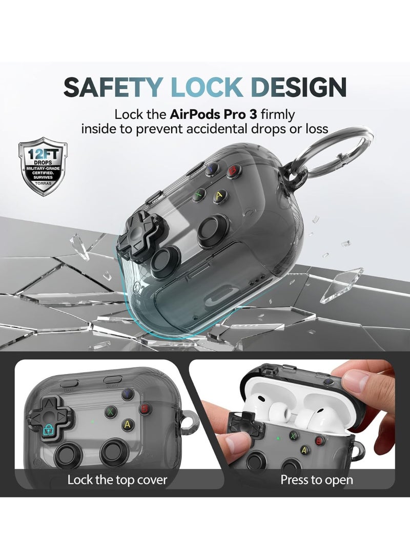 Classic game console design appearance headphone case, TPU material, with keychain hook, can be used as a phone holder, shockproof protection wireless charging anti drop protection headphone cover, suitable for AirPods pro3 (transparent black) - Image 4