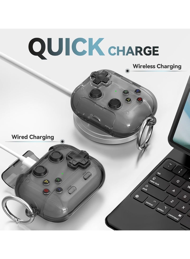 Classic game console design appearance headphone case, TPU material, with keychain hook, can be used as a phone holder, shockproof protection wireless charging anti drop protection headphone cover, suitable for AirPods pro3 (transparent black) - Image 5