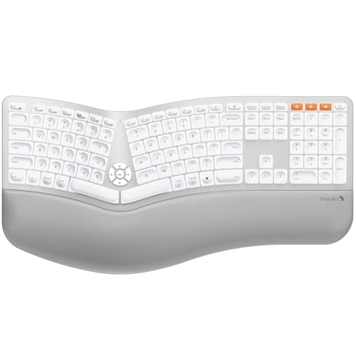 ProtoArc Backlit Bluetooth Ergonomic Keyboard, EK01 Plus Full Size Wireless Split Keyboard with Dual Bluetooth and USB, Cushioned Wrist Rest, Rechargeable, for Windows/Mac/Android, White and Silver - Image 1
