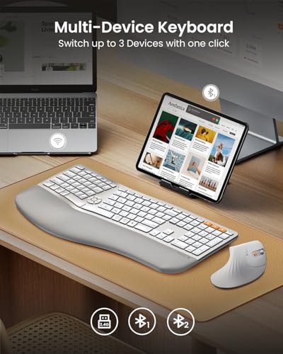 ProtoArc Backlit Bluetooth Ergonomic Keyboard, EK01 Plus Full Size Wireless Split Keyboard with Dual Bluetooth and USB, Cushioned Wrist Rest, Rechargeable, for Windows/Mac/Android, White and Silver - Image 3