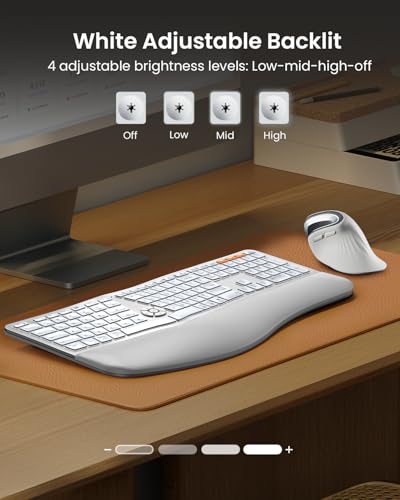 ProtoArc Backlit Bluetooth Ergonomic Keyboard, EK01 Plus Full Size Wireless Split Keyboard with Dual Bluetooth and USB, Cushioned Wrist Rest, Rechargeable, for Windows/Mac/Android, White and Silver - Image 2