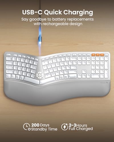 ProtoArc Backlit Bluetooth Ergonomic Keyboard, EK01 Plus Full Size Wireless Split Keyboard with Dual Bluetooth and USB, Cushioned Wrist Rest, Rechargeable, for Windows/Mac/Android, White and Silver - Image 5