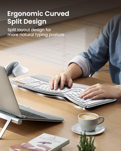 ProtoArc Backlit Bluetooth Ergonomic Keyboard, EK01 Plus Full Size Wireless Split Keyboard with Dual Bluetooth and USB, Cushioned Wrist Rest, Rechargeable, for Windows/Mac/Android, White and Silver - Image 4