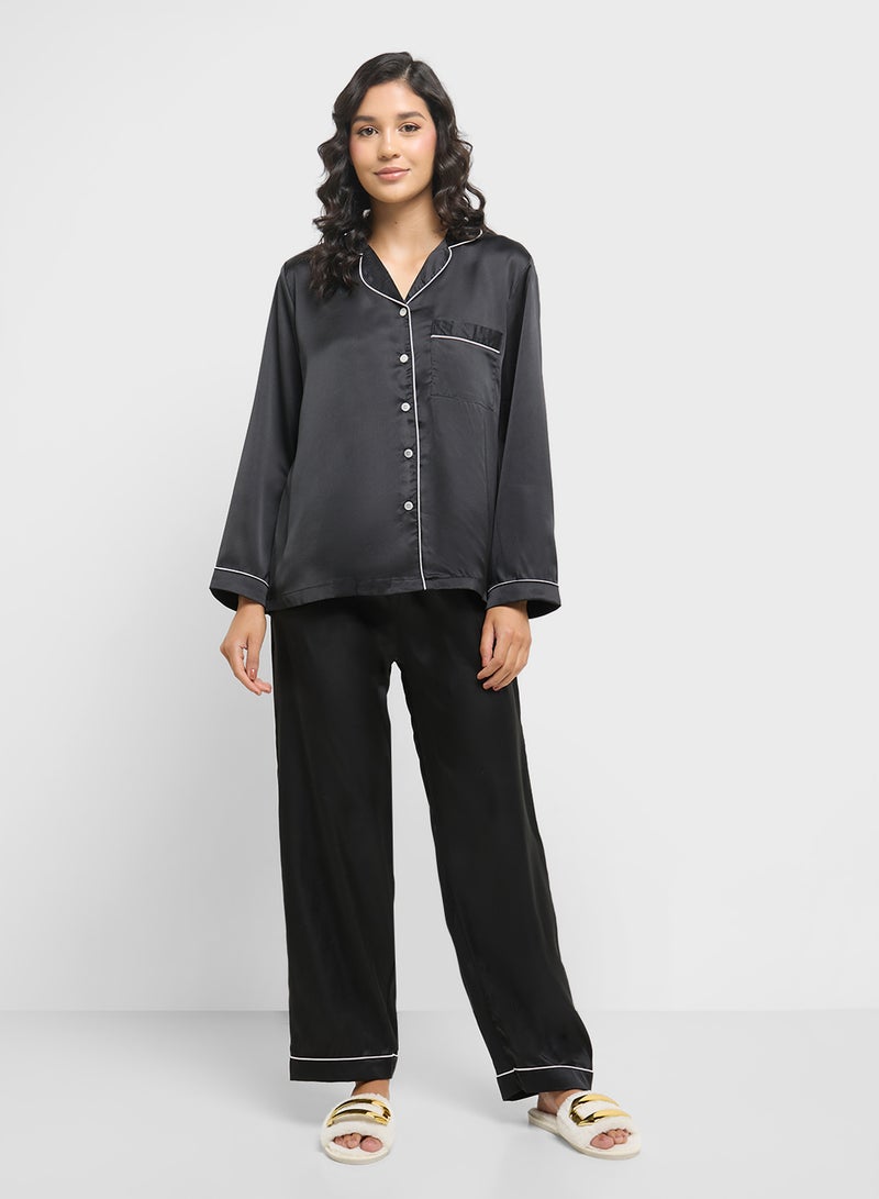 Ginger Satin Shirt & Pyjama Set With Contrast Trim  - Image 5