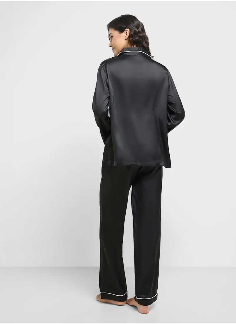 جينجر Satin Shirt & Pyjama Set With Contrast Trim
