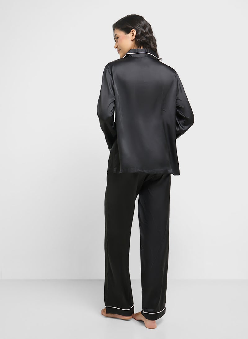 Ginger Satin Shirt & Pyjama Set With Contrast Trim  - Image 2