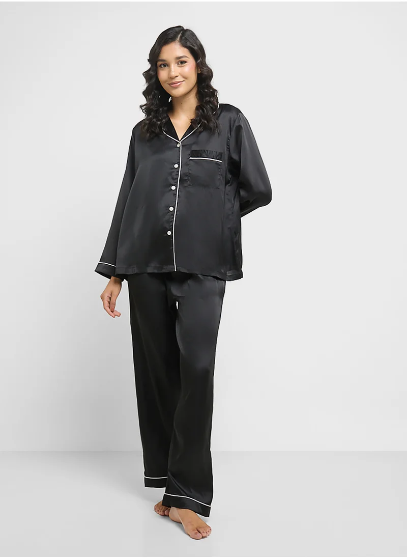 جينجر Satin Shirt & Pyjama Set With Contrast Trim