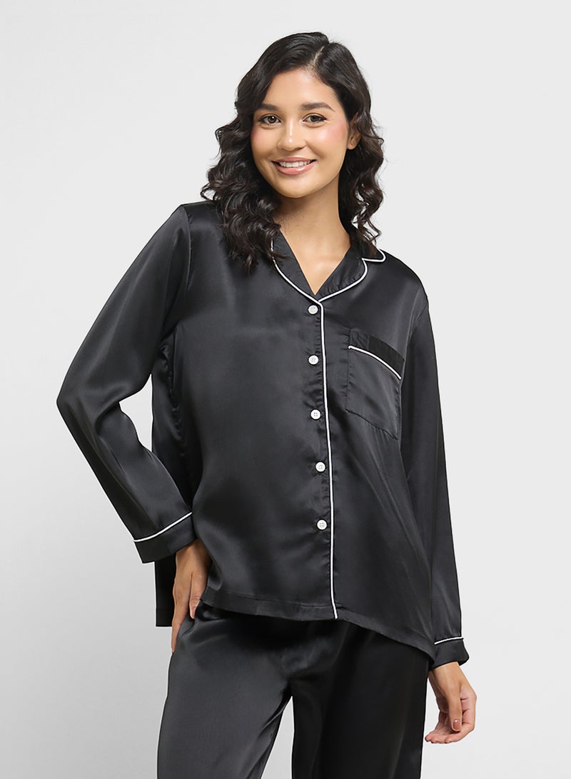 Ginger Satin Shirt & Pyjama Set With Contrast Trim  - Image 3